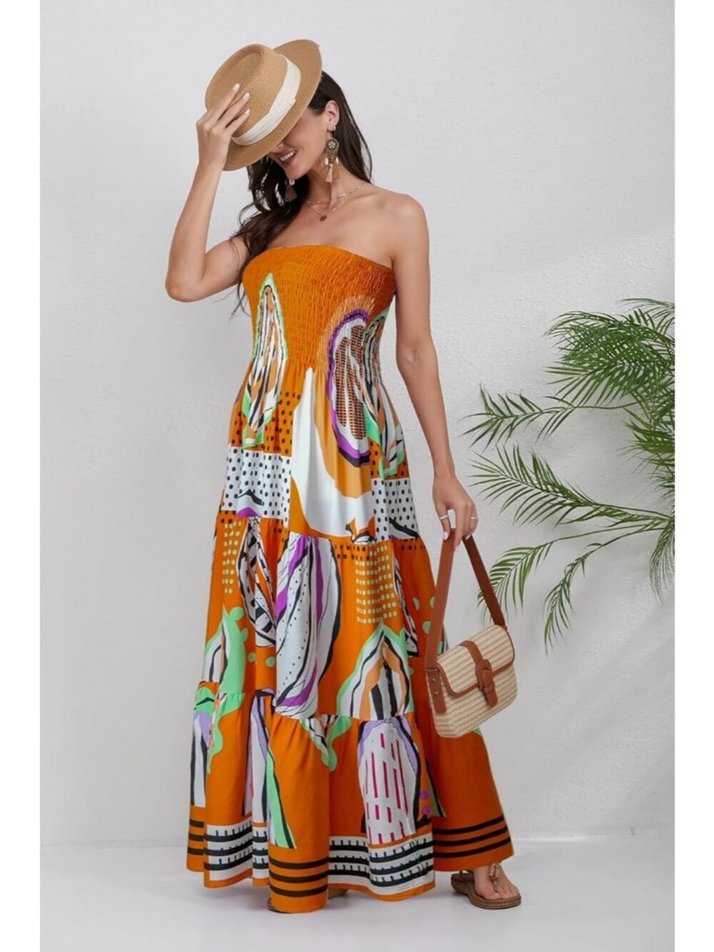 Women's Orange Dot Strapless A Line Tube Top Backless Casual Sun Maxi Dress - Picture 6 of 6